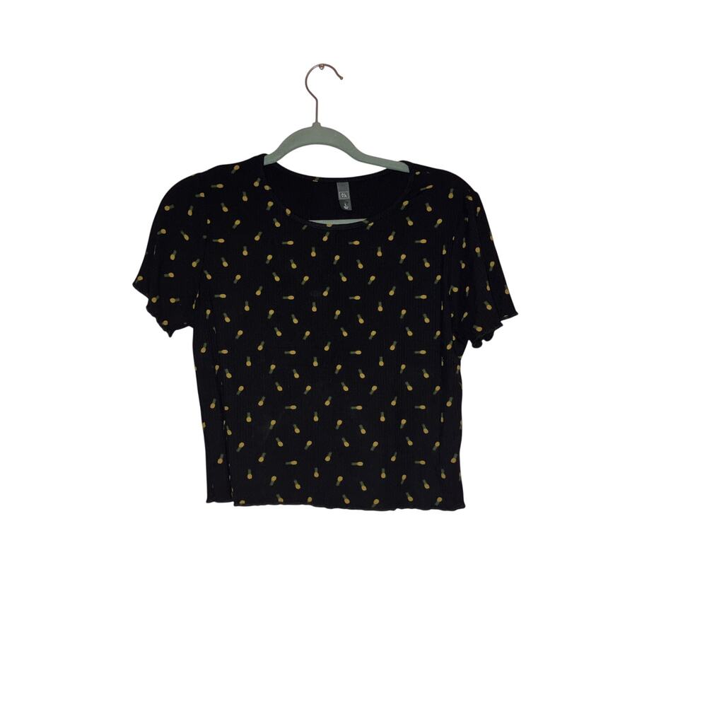 ALYA Black Pineapple Print Ribbed Stretch Crop Top Size Large
